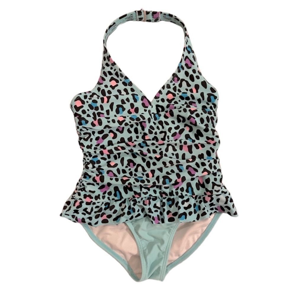 OP Blue Leopard Print Skirted One Piece Swimsuit
